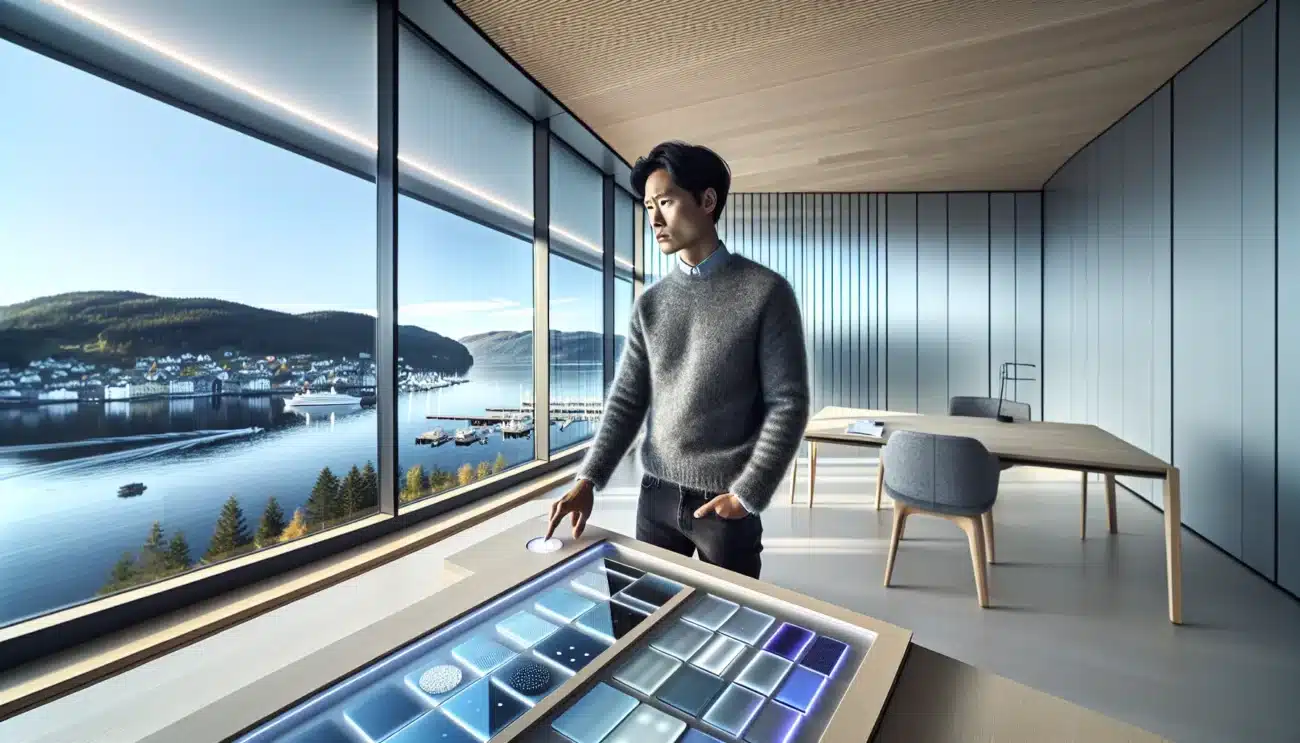 Engineer adjusts electrochromic window overlooking oslofjord with nearby solar panels and fiber opti