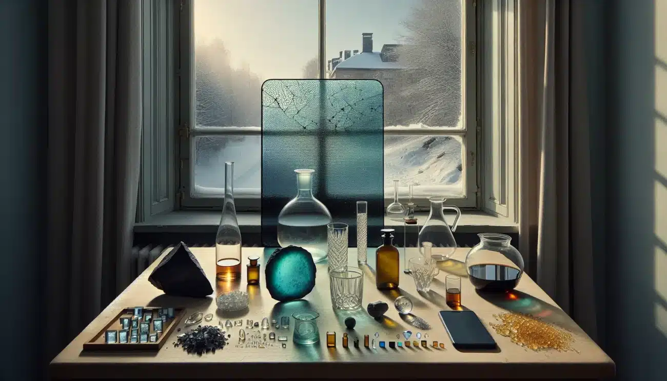 Glass types across history arranged on a table overlooking oslofjord