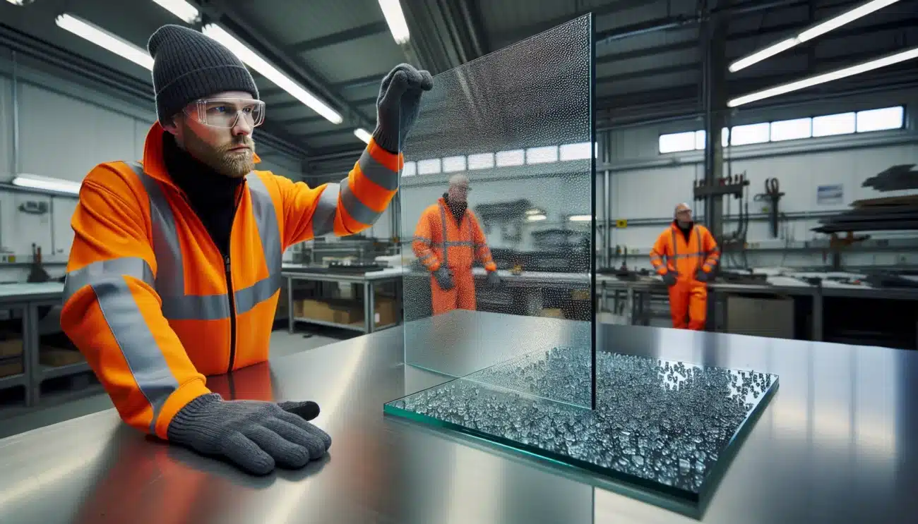 Glazier comparing tempered and laminated glass samples on a nordic workshop bench