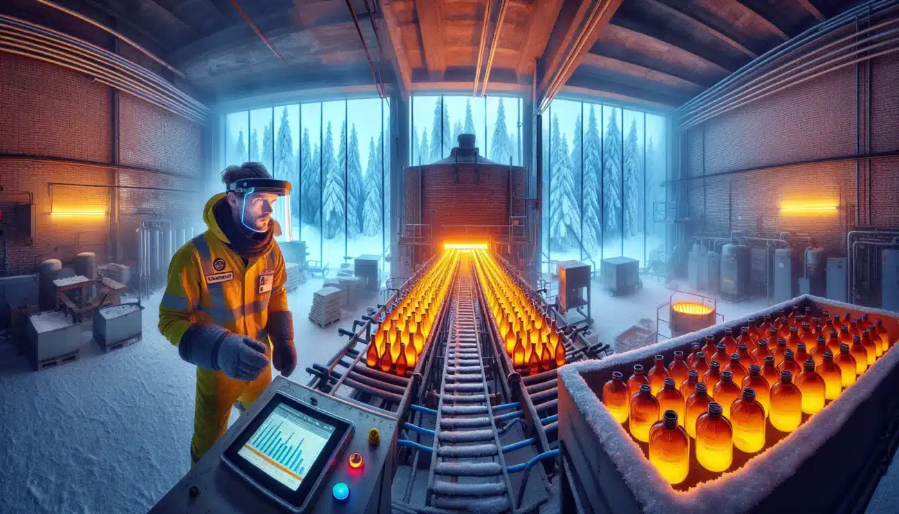 Glowing glass bottles on automated line in a norwegian factory hall