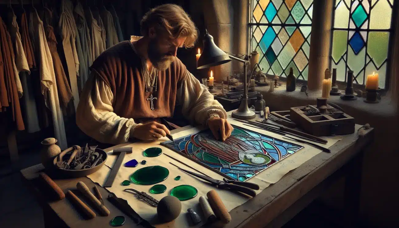 Medieval norwegian glazier crafting stained glass beside waldglas beaker and beads