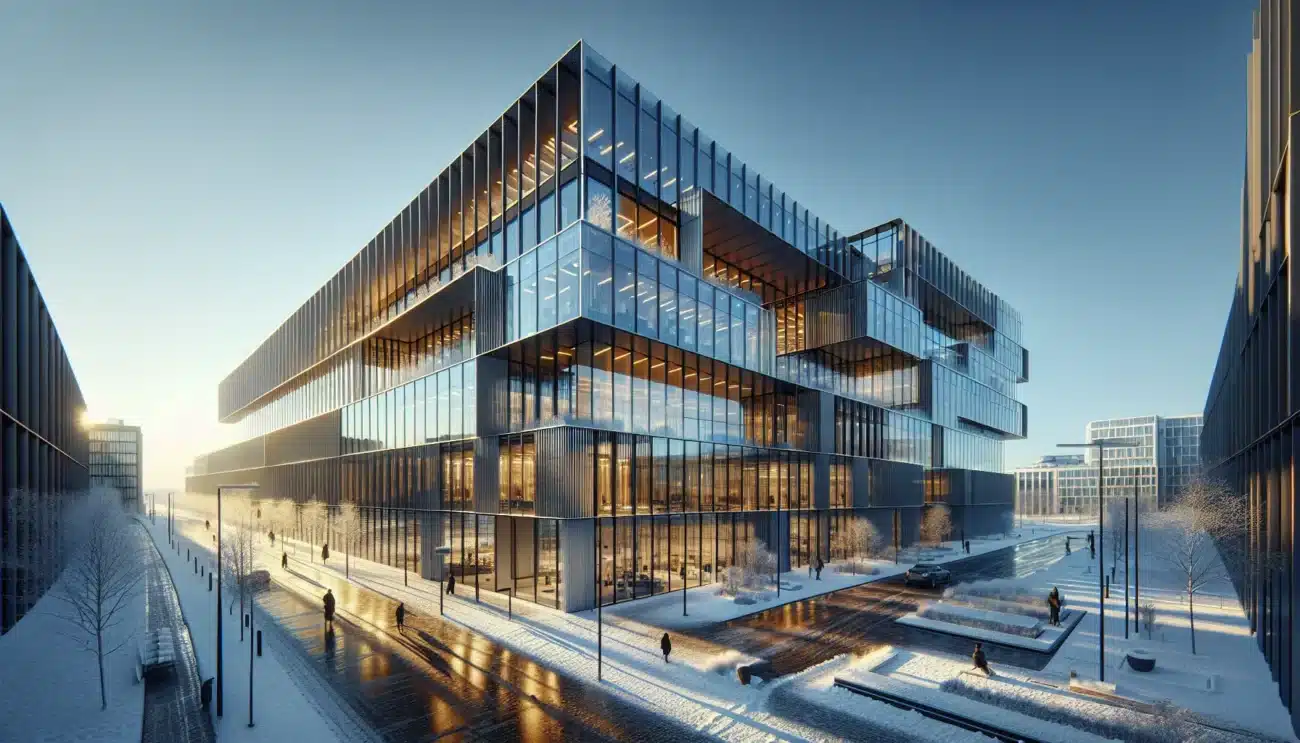 Modern norwegian glass facade with bipv and church reflection on a winter morning