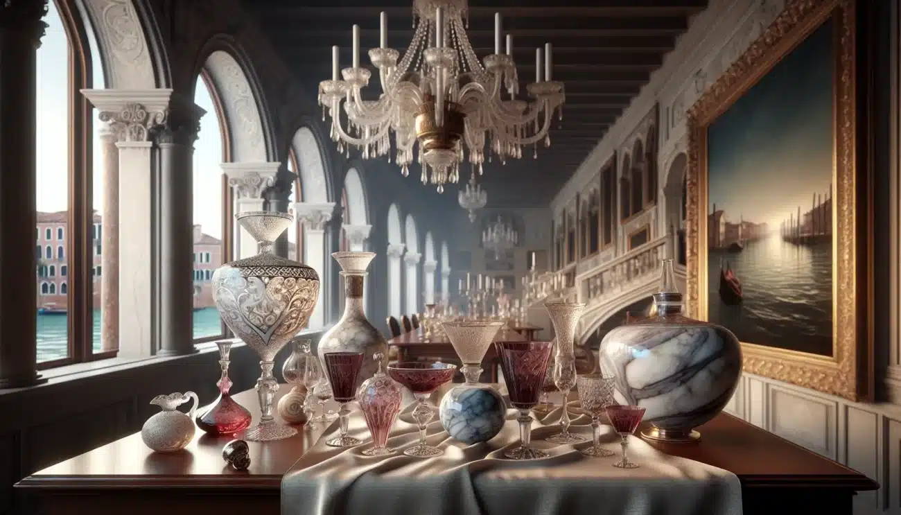 Murano crystal goblet and chandelier in a sunlit venetian palazzo