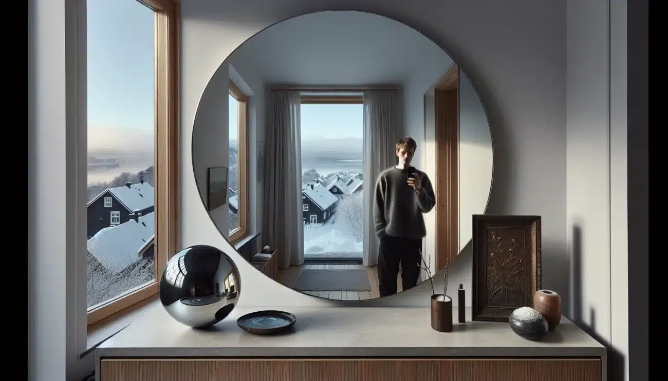 Nordic home mirror scene with obsidian venetian glass smartphone selfie in oslo winter light