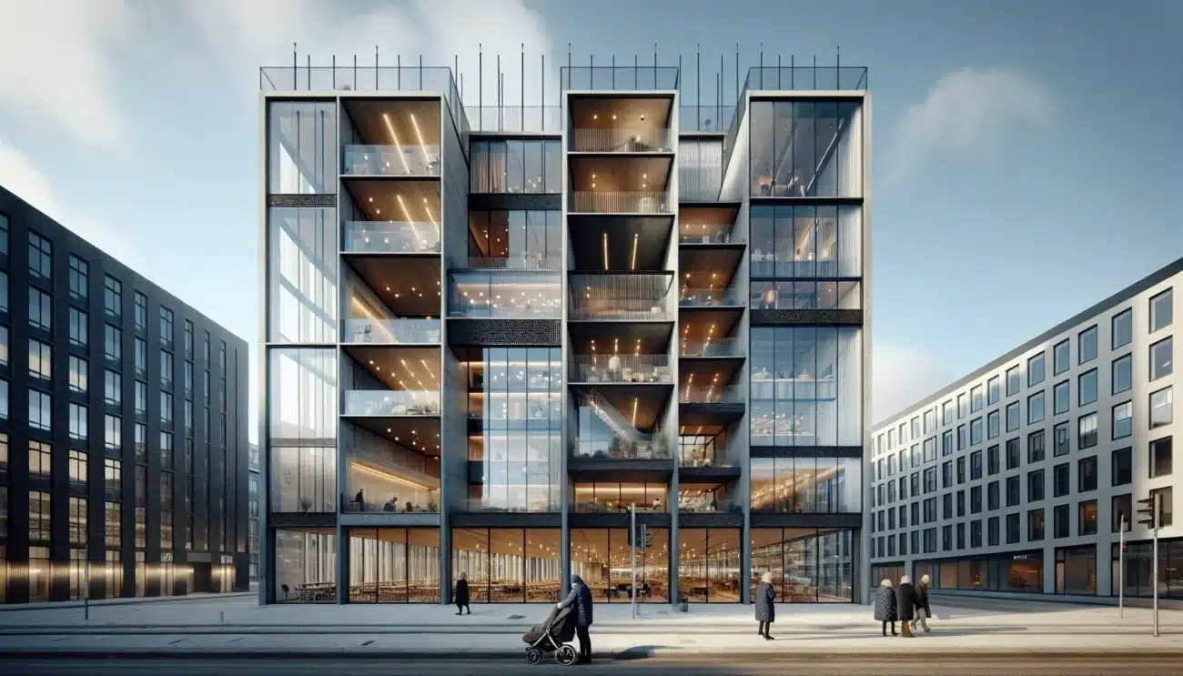 Norwegian double skin glass facade catching low winter sun with pedestrians in coats
