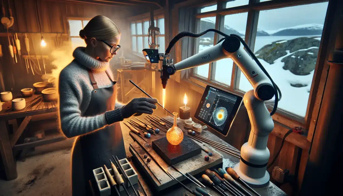 Norwegian glassblower and cobot shape glowing glass in a winter lit studio