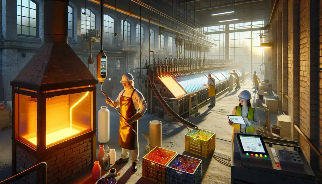 Norwegian glassblower and engineer in factory with molten glass and recycling