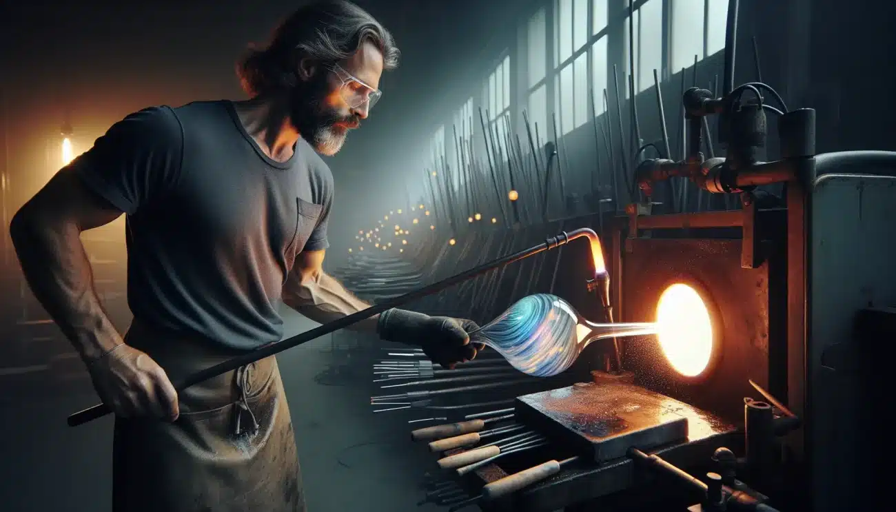Norwegian glassblower shapes glowing art glass as robot assists in studio