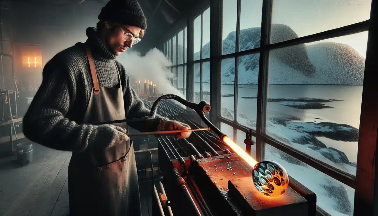 Norwegian glassblower shapes glowing glass in coastal studio with modern lighting