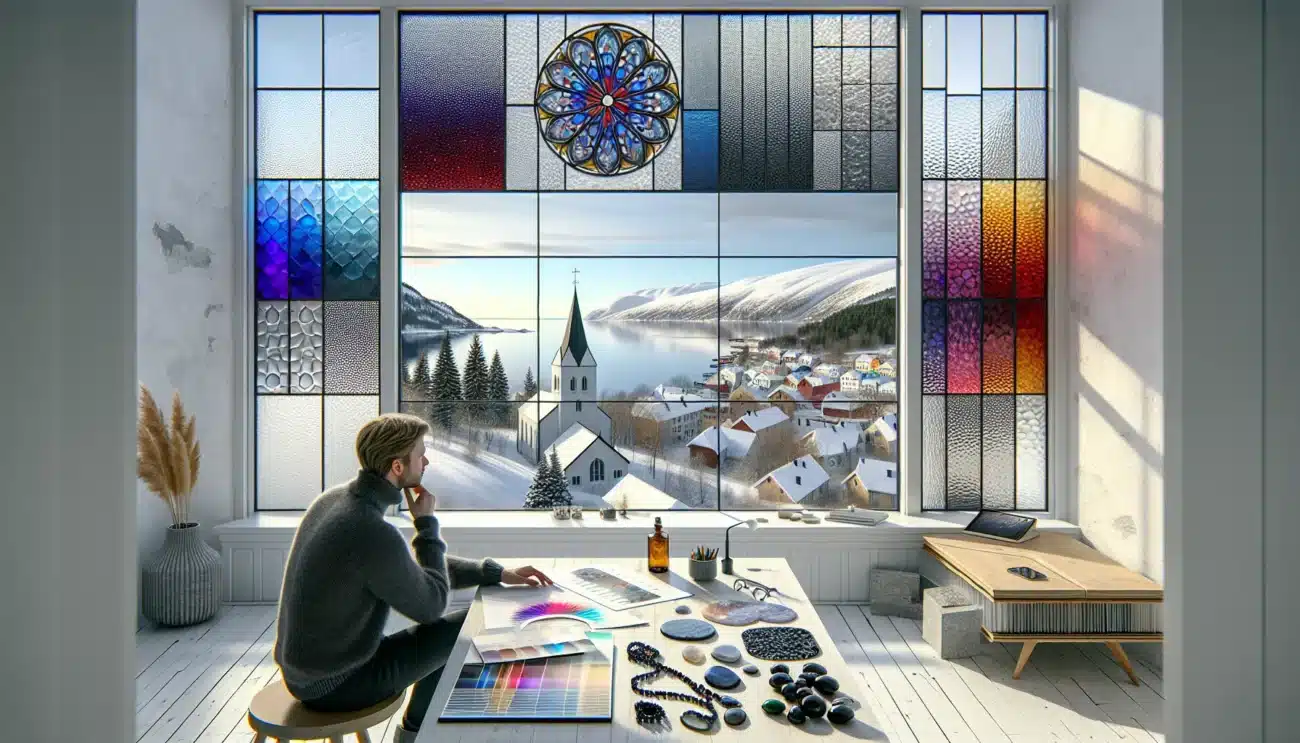 Norwegian studio with clear to colored glass partition designer examines smartglass sample