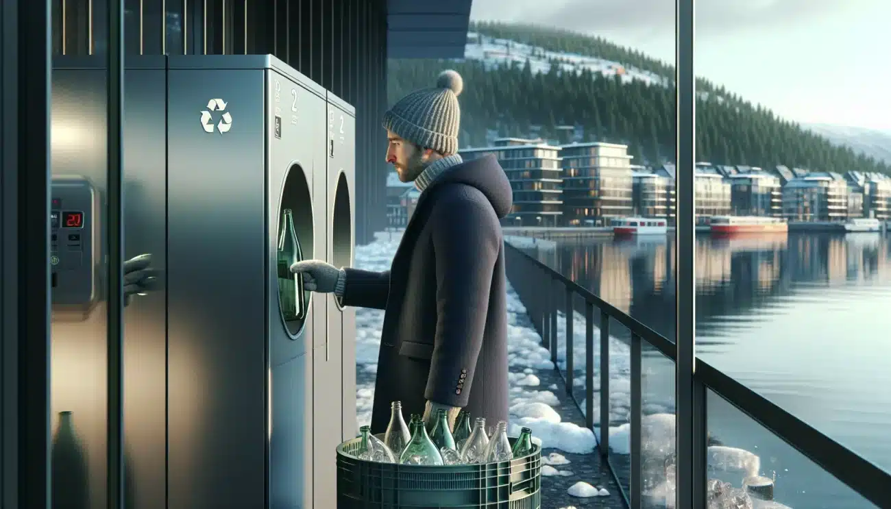 Person returns glass bottle at pant machine by energy efficient norwegian glass facade