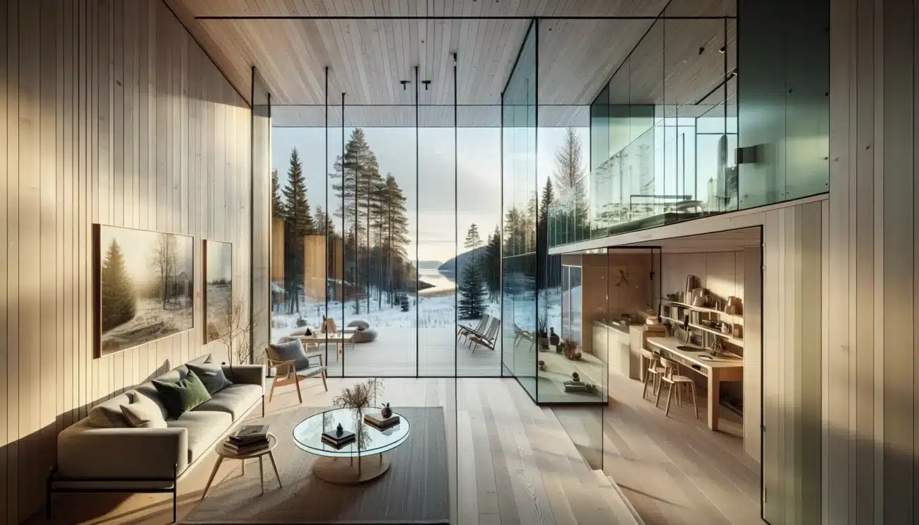 Scandinavian home with low e windows laminated railing and frosted shower glass