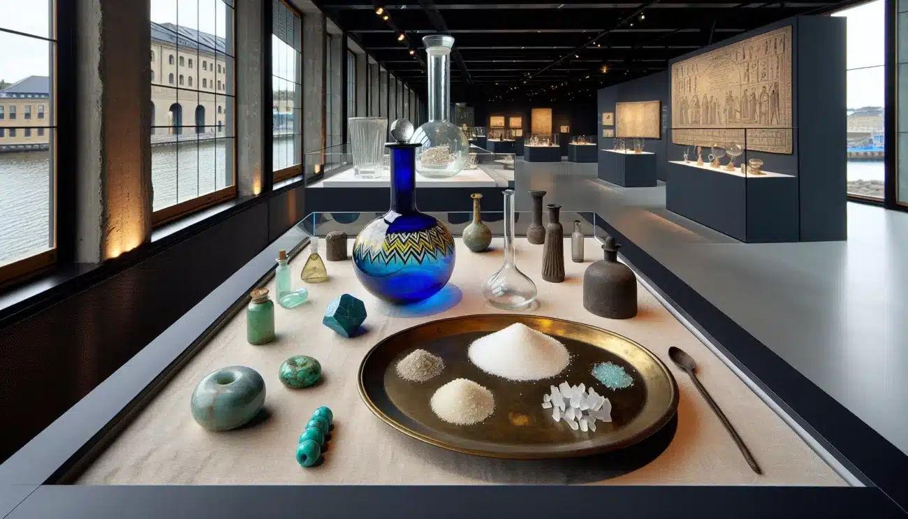 Timeline of glass artifacts on a table with oslo s glass architecture outside