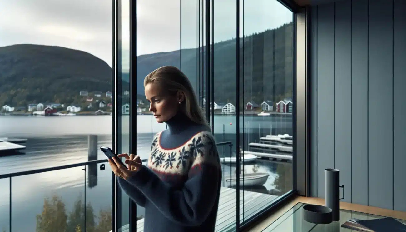 Woman using smartphone by energy efficient window overlooking a norwegian waterfront