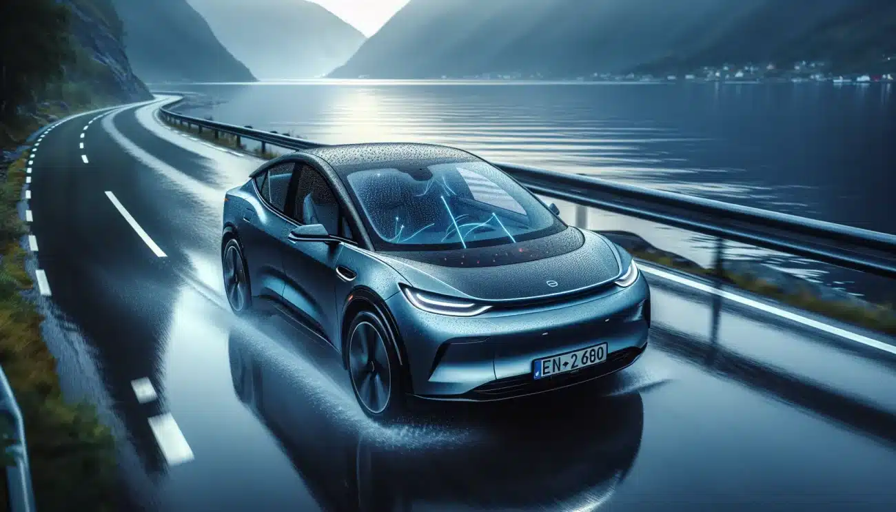 Close up of norwegian ev windshield with raindrops sensors and aerodynamic design