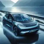 Close up of norwegian ev windshield with raindrops sensors and aerodynamic design