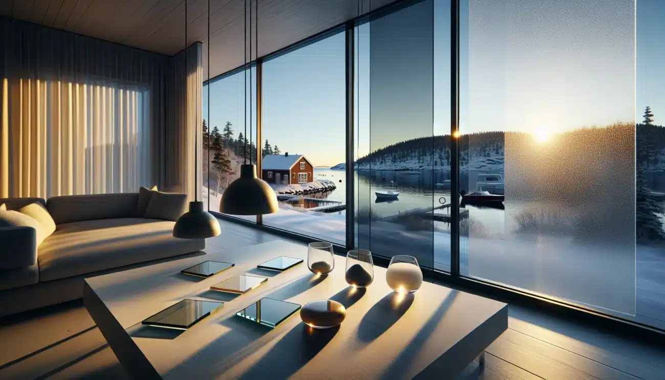 Glass samples and triple glazed window in a modern norwegian winter home