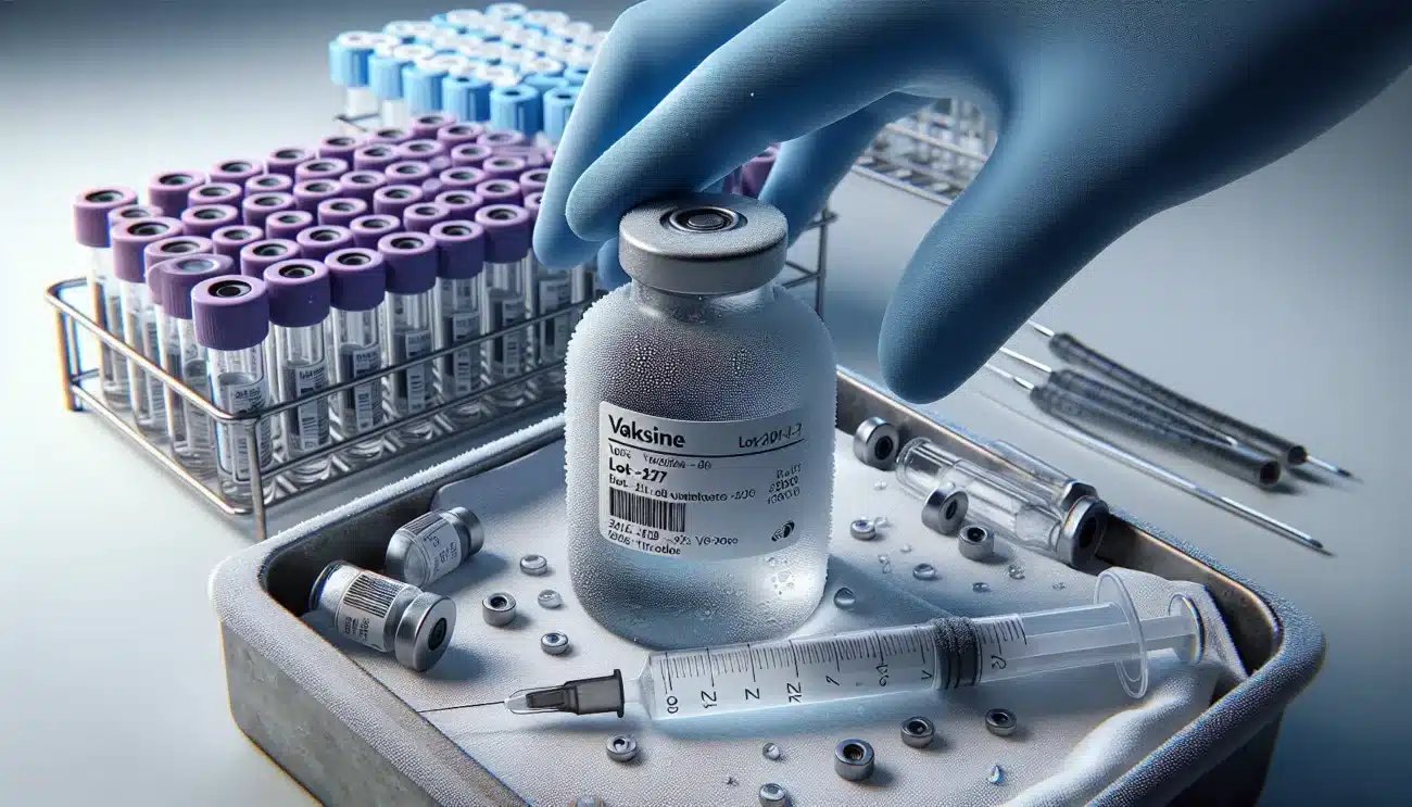 Gloved hand lifts chilled vaccine vial beside prefilled syringe in norwegian lab