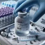 Gloved hand lifts chilled vaccine vial beside prefilled syringe in norwegian lab