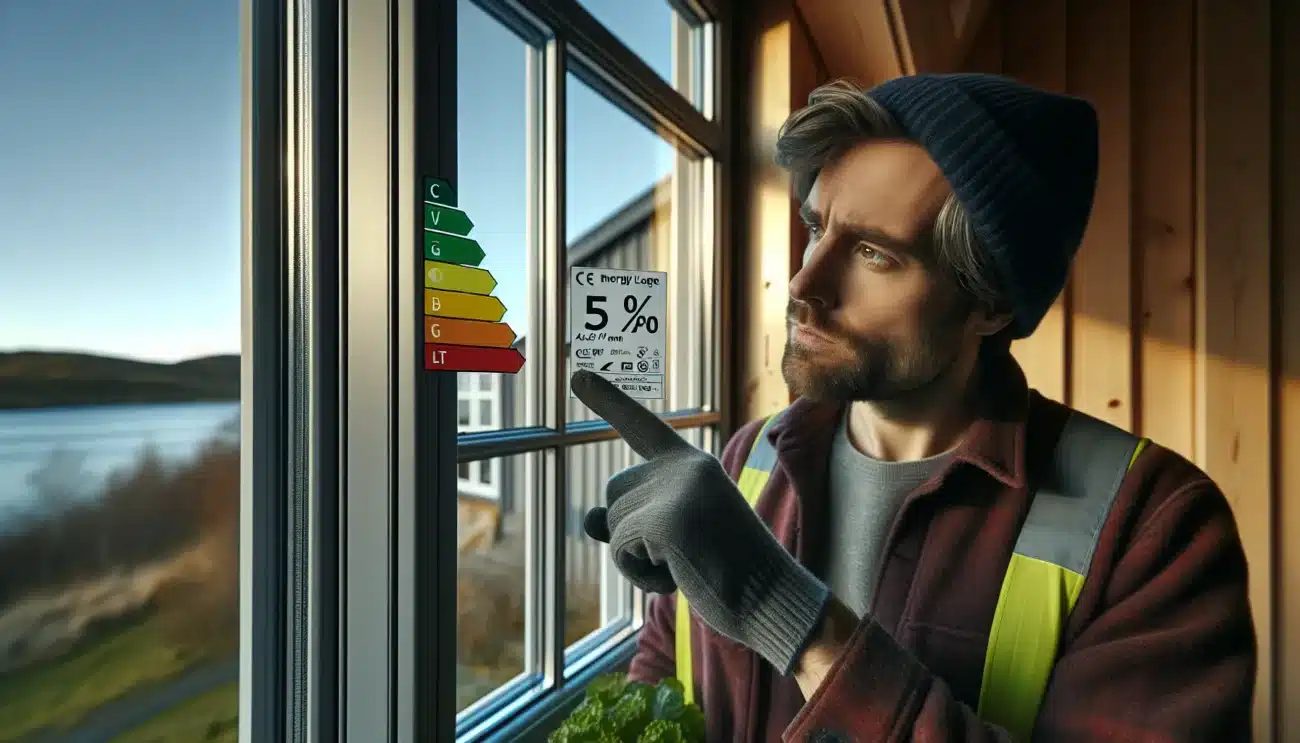 Installer points to energy label on norwegian triple glazed window in winter light