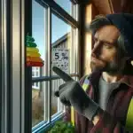 Installer points to energy label on norwegian triple glazed window in winter light