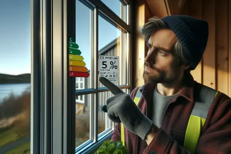 Installer points to energy label on norwegian triple glazed window in winter light