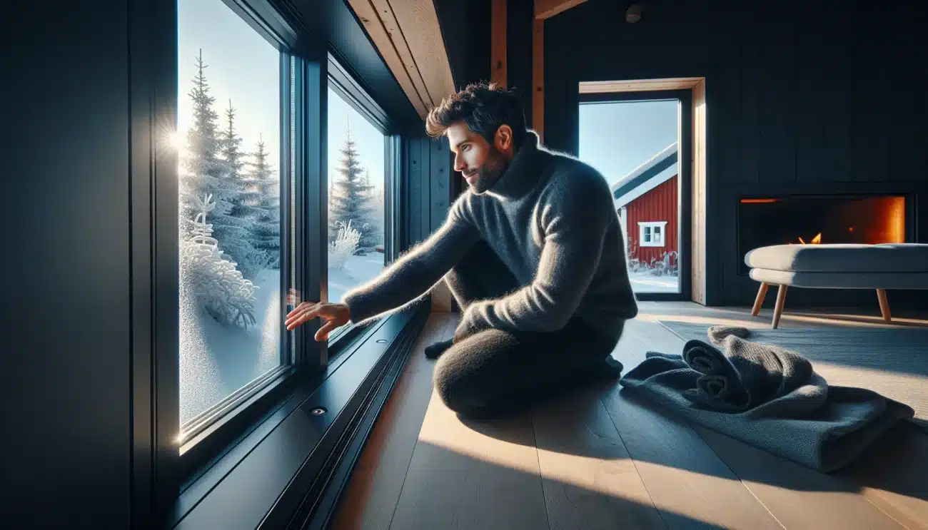 Man checks triple pane window seal in a cozy norwegian home on a snowy morning