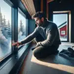 Man checks triple pane window seal in a cozy norwegian home on a snowy morning