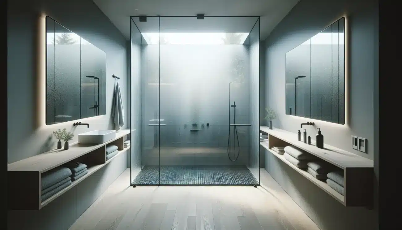 Modern norwegian bathroom with clear shower glass reeded divider and led mirror