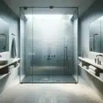 Modern norwegian bathroom with clear shower glass reeded divider and led mirror