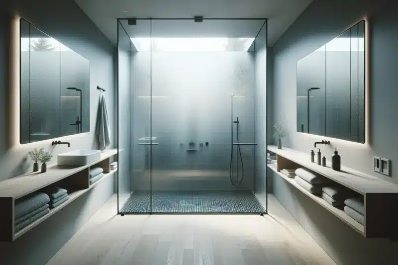 Modern norwegian bathroom with clear shower glass reeded divider and led mirror