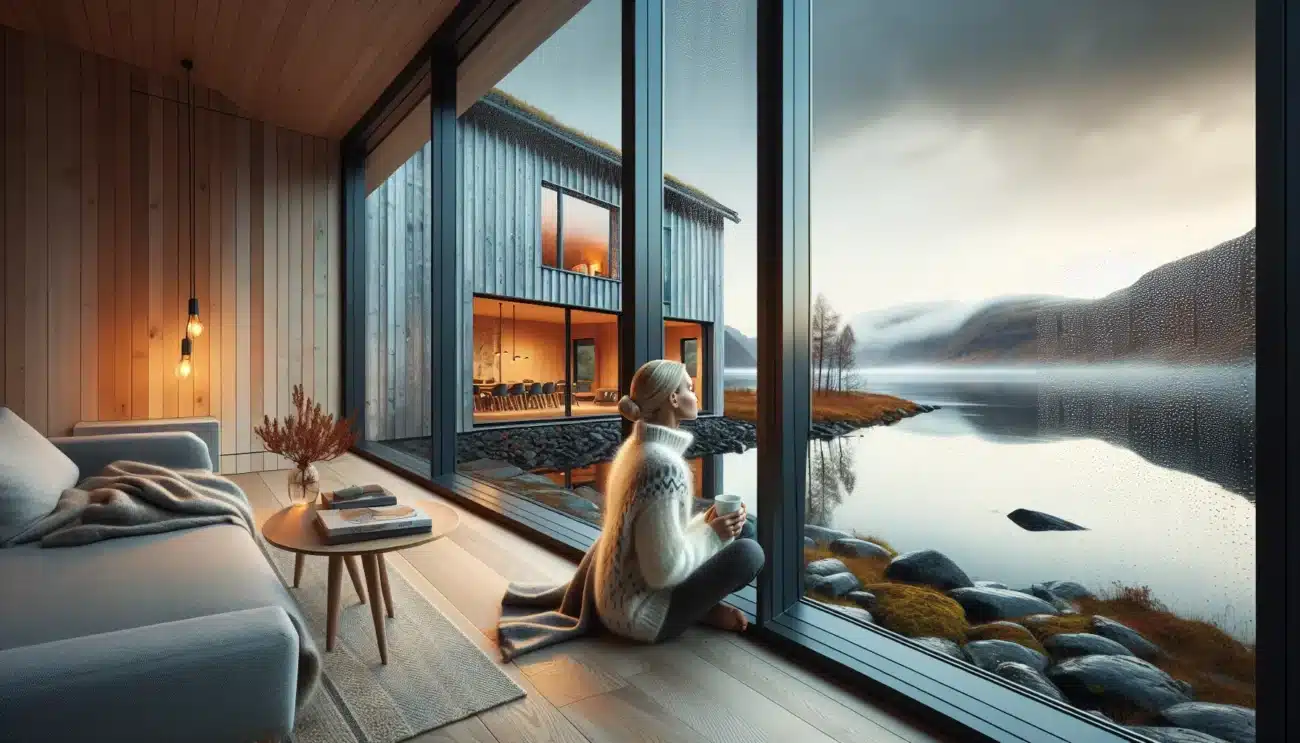Modern norwegian facade with coated glass in rain warm interior comfort visible