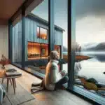 Modern norwegian facade with coated glass in rain warm interior comfort visible