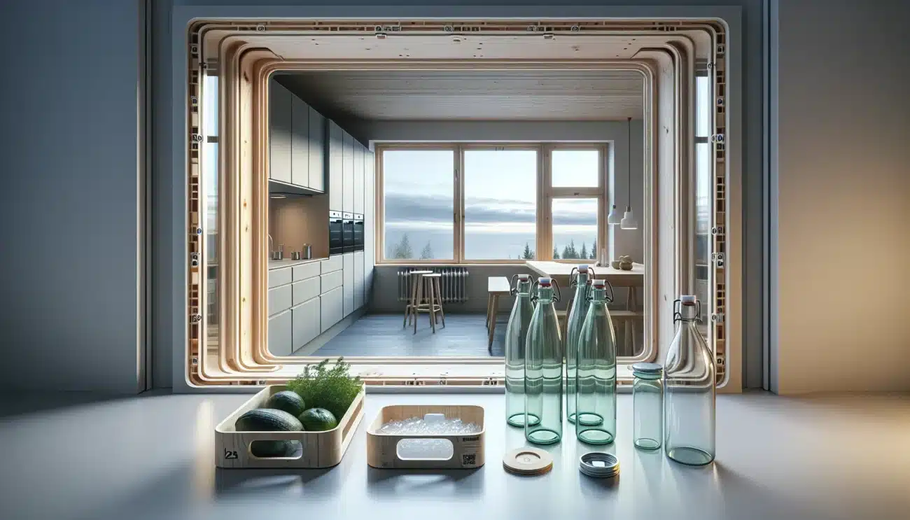 Nordic interior with recycled glass transparent wood and aerogel window inserts