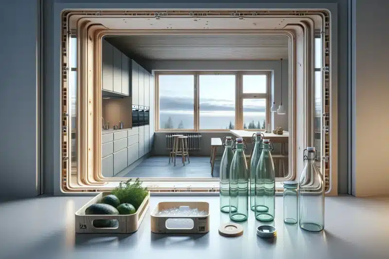 Nordic interior with recycled glass transparent wood and aerogel window inserts