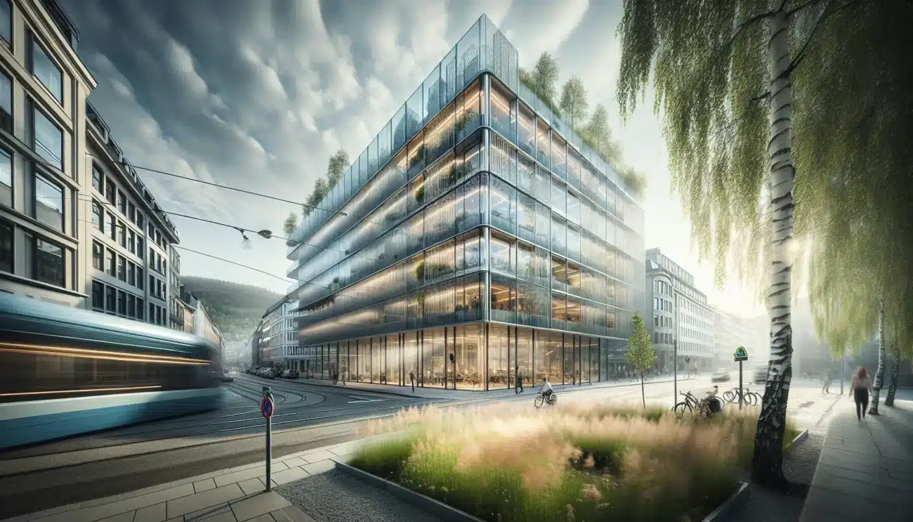 Norwegian city building with smart solar glass facade and green streetscape