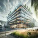 Norwegian city building with smart solar glass facade and green streetscape