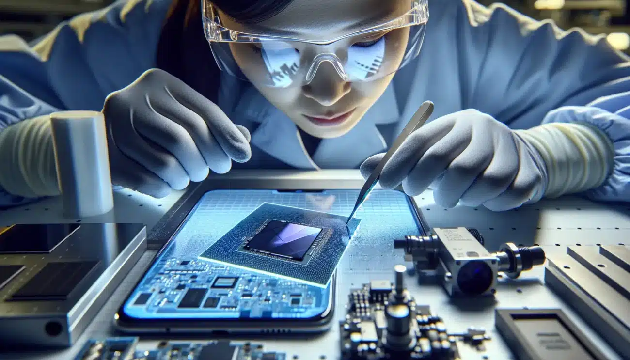 Norwegian engineer examines ultrathin electronic glass beside smartphone and sensor modules