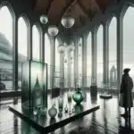 Norwegian gallery visitor viewing a luminous contemporary glass installation in soft daylight