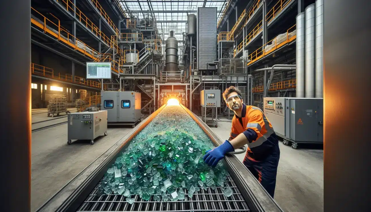 Norwegian glass factory with hybrid furnace cullet sorting and emissions controls