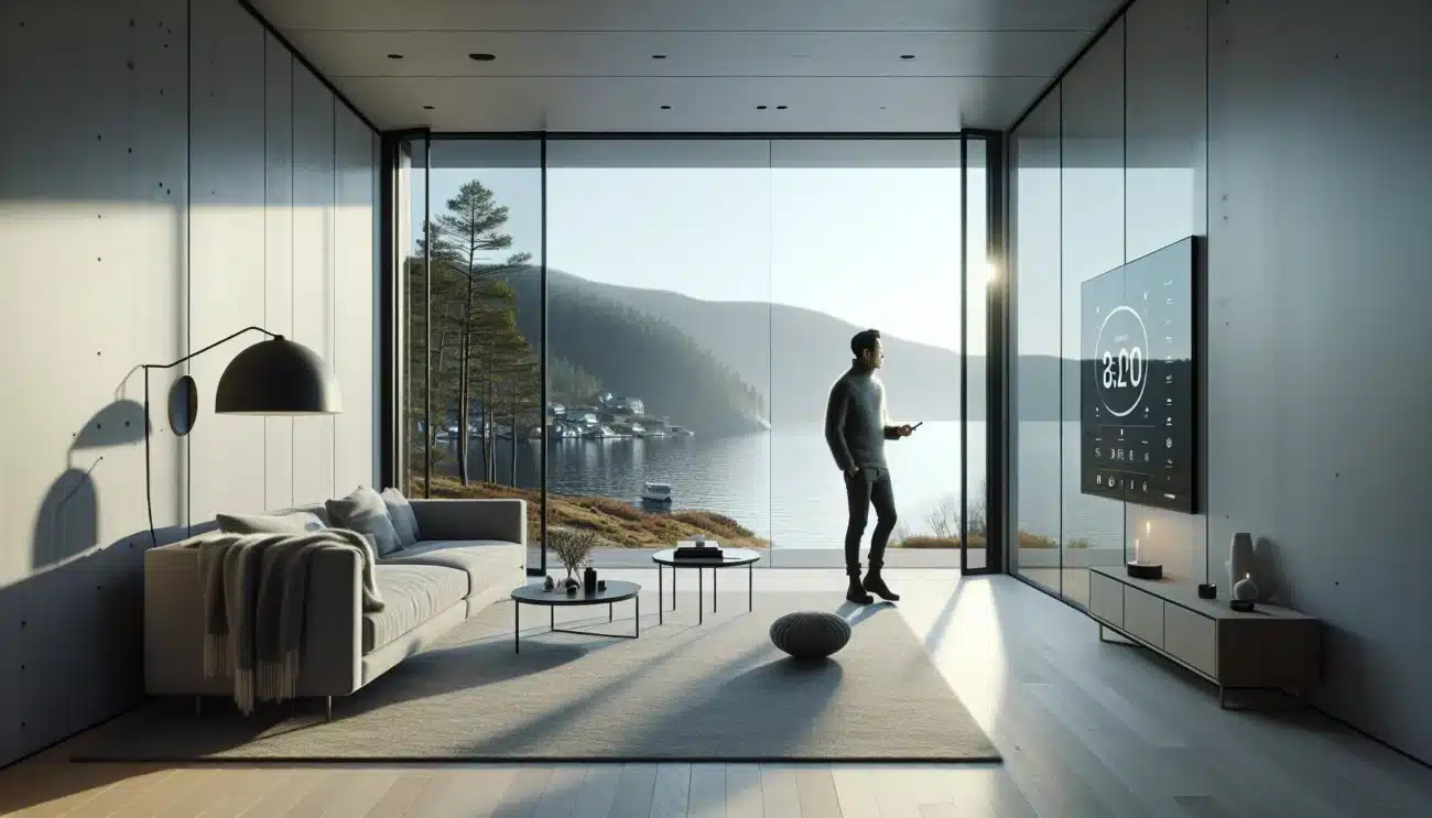 Norwegian living room with smartglass windows switching between clear tinted and frosted