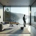 Norwegian living room with smartglass windows switching between clear tinted and frosted