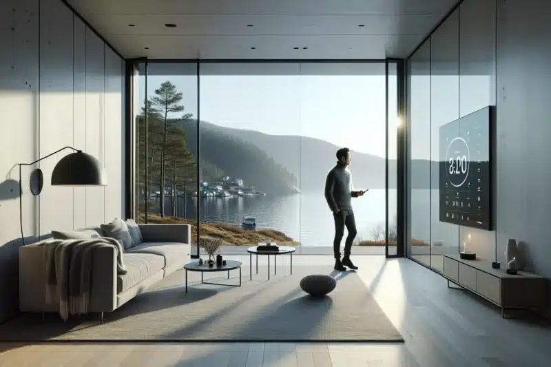 Norwegian living room with smartglass windows switching between clear tinted and frosted