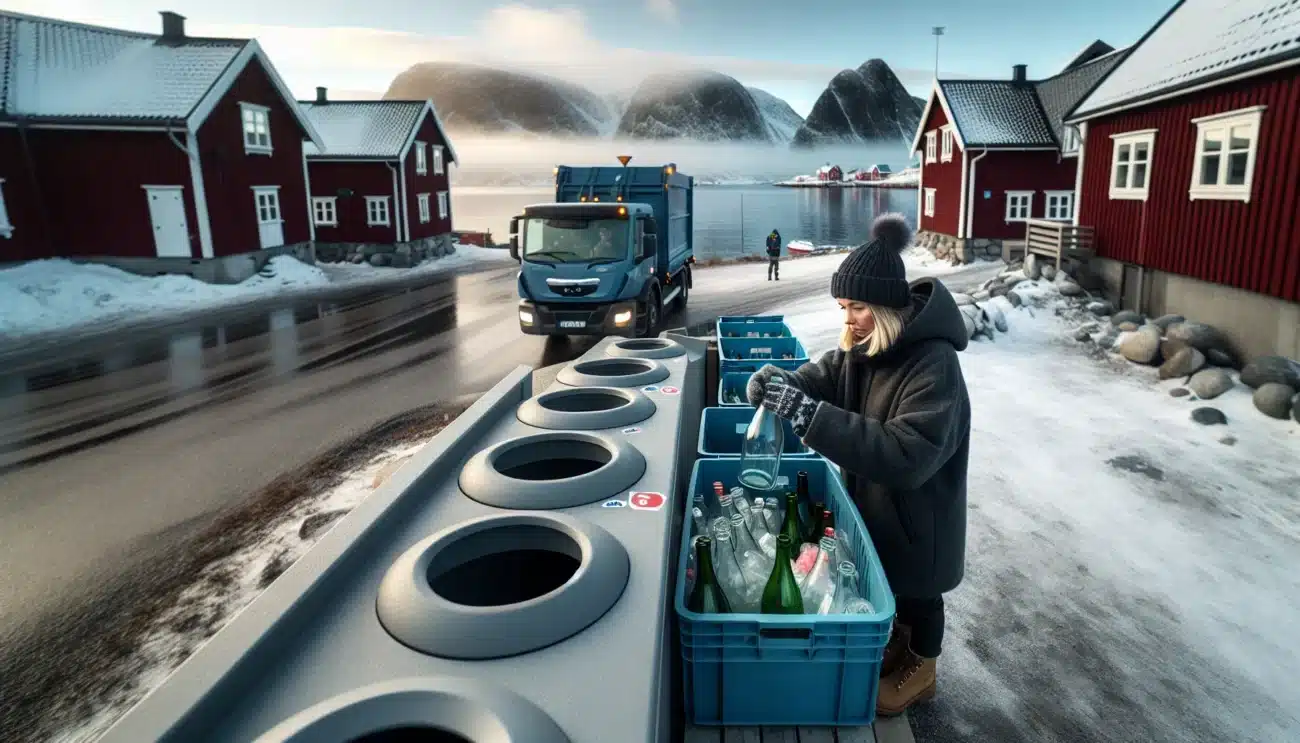 Norwegian woman recycling color sorted glass electric collection truck by a fjord
