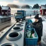 Norwegian woman recycling color sorted glass electric collection truck by a fjord