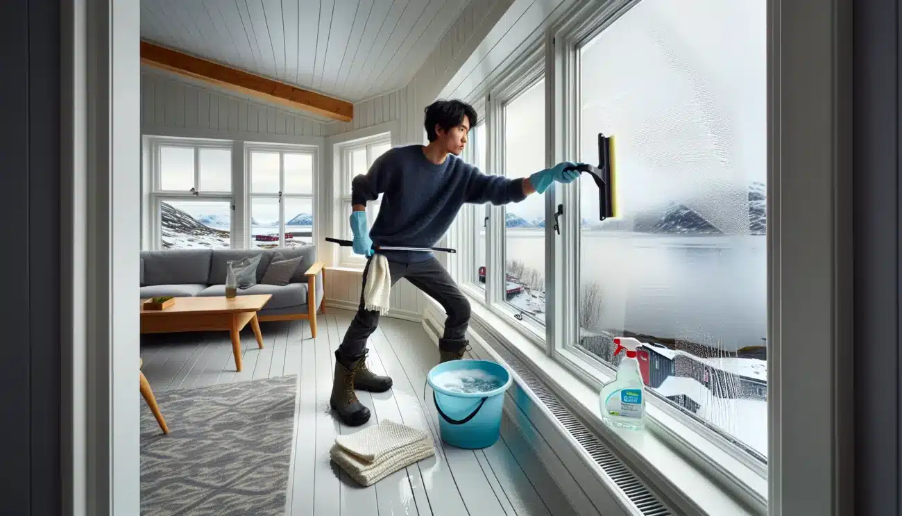 Person using squeegee and microfiber to clean a large norwegian window