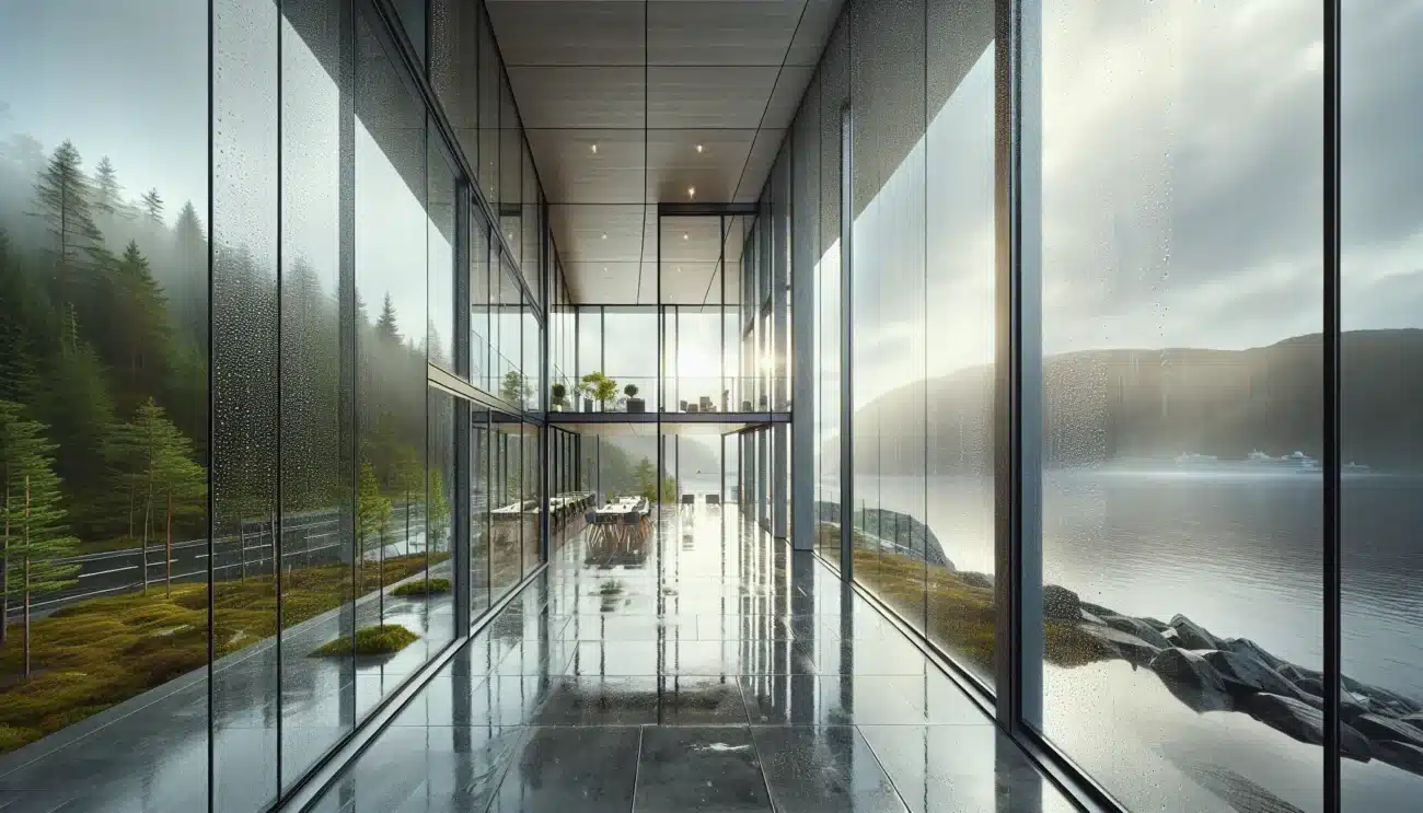 Rain slick norwegian glass facade self cleans under sunlight revealing clear views