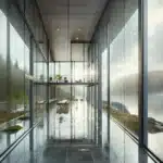 Rain slick norwegian glass facade self cleans under sunlight revealing clear views