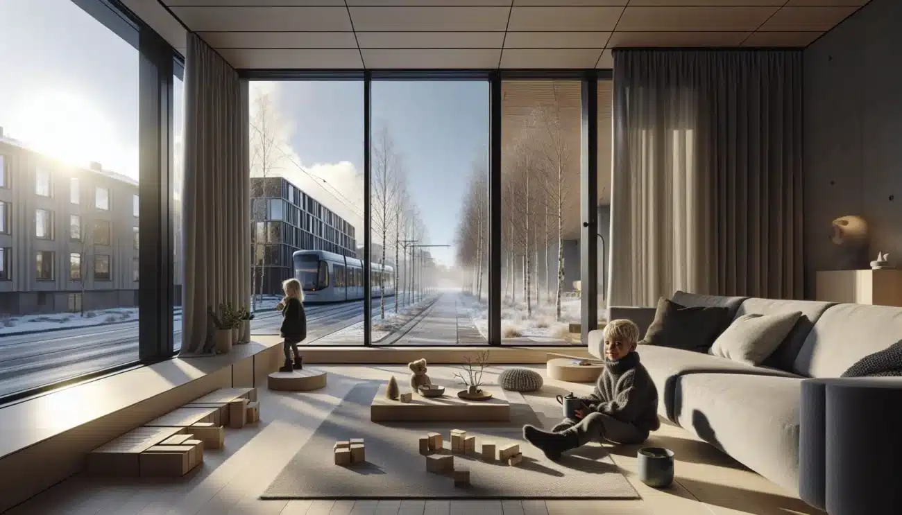 Scandinavian living room with triple glazed window child playing safely by glass