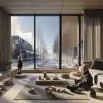 Scandinavian living room with triple glazed window child playing safely by glass